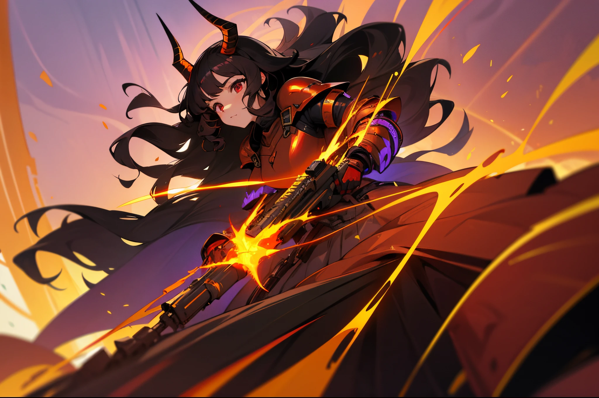 age girl,incredible curly hair,Long black hair,brunette color hair,brunette color hair,red eye circle of death,raging fire,Futuristic antelope horns,long skirt,Purple-gold armor,Long Gun