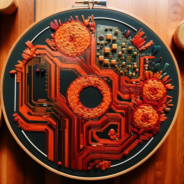 masterpiece, best quality, highly detailed, cuocuoxiu, punch needle embroidery, circuit diagram, semiconductor,
BREAK
on the circuit board background,