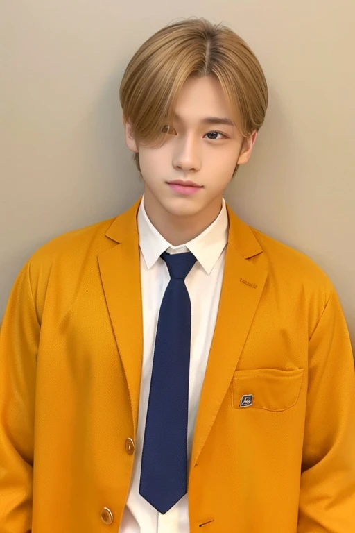 male,center parts,forehead,beautiful young man,japan america mix,teen age,like a girl,orange blond hair,light brown eyes,yellow shirts,white necktie,long shot,black pants,from front,full body,double eyelids