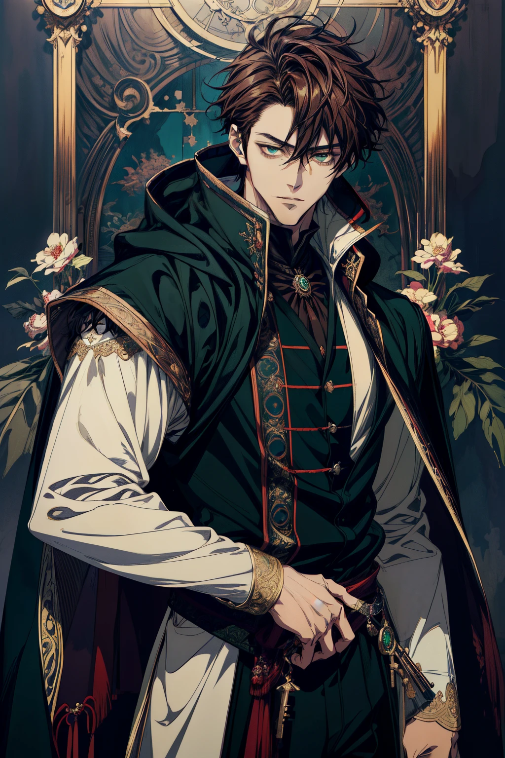 (absurd, high resolution, super detailed), masterpiece, (absurdres:1.1), best a close up of a person i anime drawing of a man Regal , 2 d anime style, male anime style, tall masculine male anime character, knight  middle aged anime style character, delicate, in an anime style, he masterpiece, (absurdres:1.1), best quality, extremely delicate, (beautiful face:1.1), elegant, (great composition), realistic rendering, Dungeons and Dragons, Fantasy, octane rendering, zbrush. Character design, photorealistic, unreal mechanism, hyperdetailed, concept art, trend in art season. ((best quality)), ((masterpiece)), ((realistic)), (detail anime drawing of a man Regal , 2 d anime style, male tall bulky anime style, (Absurdres, Intricate Details, Masterpiece, Best Quality, High Resolution, 8k), 1 male, masculine, aged up, dreadful, finely detailed eyes and face, dark red short mustache hair, hazel eyes,  looking down, solo, (full body:0.6), detailed background, detailed face, ( dark fantasy theme:   fog, dark atmosphere, , Depth of Field, VFX. (absurdres, highres, ultra detailed vector shaded anime, full detailed beautiful masterpiece, (absurdres:1.1), best quality, extremely delicate, Victorian era badass anime drawing of a man Regal a close up dark cloak cape hood up Victorian era primary colors Black red white beautiful uniform androgynous prince, delicate androgynous prince, handsome guy in demon slayer art, anime key visual of elegant, handsome prince, tall anime guy with blue eyes, inspired by Okumura Masanobu, anime handsome man, male anime character, anime portrait of a handsome man, key anime art full body shot brown hair Green eyes solider cold look intimidating mature middle aged regal knight facial hair