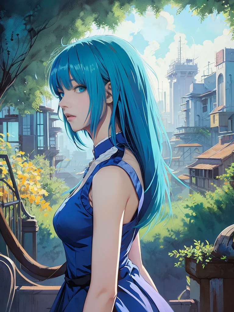 There is a woman with blue hair, arte estilo Guweiz, Guweiz, pintura de personagem bonita, Gweiz na empresa Art Station Pixiv, Guweiz em Pixiv ArtStation, retrato impressionante do rosto do anime, bela arte digital, Wlop Ross, Obra-prima de Guweiz, arte de anime digital detalhada