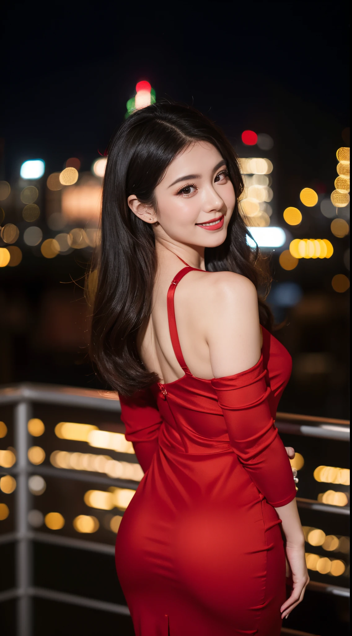 Full hd, super detail, high quality, master piace, bokeh, woman, 30 years, butt, red midi dress, make-up, nigth, moon ligth, sediction smile, lens flare