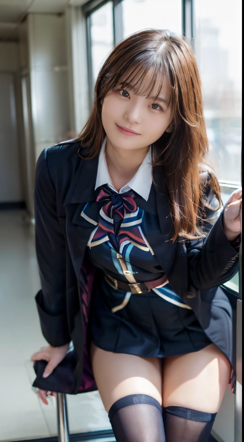 top-quality,ultra - detailed,tmasterpiece,hentail realism,Photorare,Bright lighting,1 girl in, Camera color temperature 3800k、an extremely beautiful , (kawaii:1.6),Thin smile, (Brown eyes),(dark brown hair),(By bangs),perfect glossy shiny skins,flawless skin,((erotick,Sexy and sexually explicit)),((Exact pointers,No discomfort)), large full breasts,big breasts thin waist, looking at viewert,((Black Blazer Uniform:1.5)),((Long sleeve uniform white shirt)),(Navy blue tie),((Dark blue super mini skirt:1.5、No slit)),(((Skirt lift with their own hands))),(lifted by self),lace and black panties,Panty Focus,(Stand with your feet together)), knee high socks,(Loafer shoes), In the daytime,Station platform、stand through the window、Wearing a miniskirt