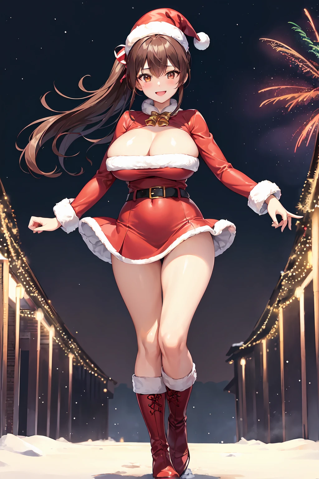 1 japanese girl, masterpiece, super fine illustration, best quality, 8K wallpaper, shiny hair, detailed face, shiny skin, detailed eyes, shiny eyes, looking at viewer, BREAK, 1girl, 18 yo, Medium Hair, Ponytail hair, pink scrunchie, Brown hair, Brown eyes, big breasts, smile, blush, BREAK, Looking at the snow-covered amusement park, Young woman in Santa Claus costume standing with legs apart,
huge stunning goddess shot, the extremely hot and sexy, powerful and huge, jaw dropping beauty, goddess of Japan, very Bigger breasts, Big ass, ((Santa Claus miniskirt costume and hat)), (Wearing:red mini dress trimmed with white fur, Thick black belt, Long Red Leather Boots), (thigh visible), (lean forward and look at you), (Fireworks go off at the amusement park at night), In the snow, (Background: Night city decorated with Christmas illuminations), ((top-quality, 8K, masutepiece:1.3)), full body Esbian, long legged, Beautiful woman with perfect body shape:1.4, Slender Abs:1.1, ((dark brown hair、Colossal tits:1.2)), Highly detailed facial and skin texture, A detailed eye, (look from down), From knee to chest, Slender body, Smiling,