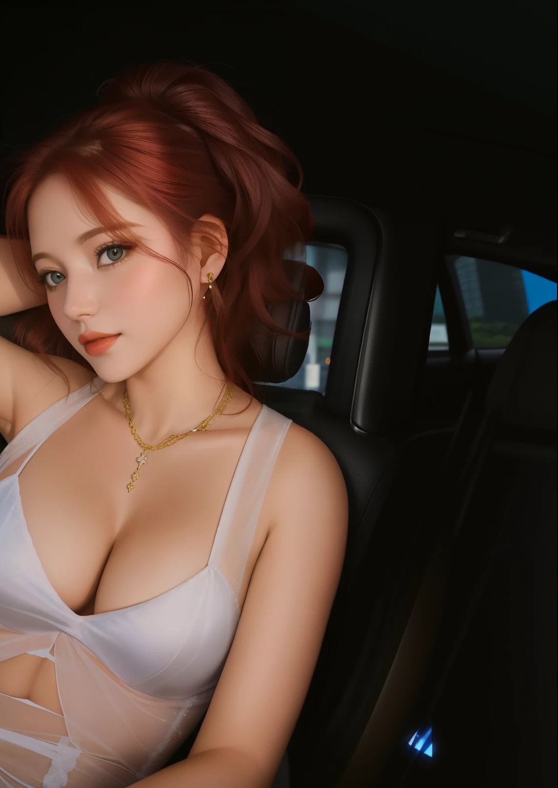 hay una mujer con un vestido transparente sentada en un auto, , Chica pelirroja, Anna Nikolanova aka Newmilky, escote, hermosa dama, luciendo caliente, Amouranth, sensual y atractivo, 18 years old, sonrisa sensual, bochornoso, Mujer preciosa, chica atractiva, Yelena Belova
