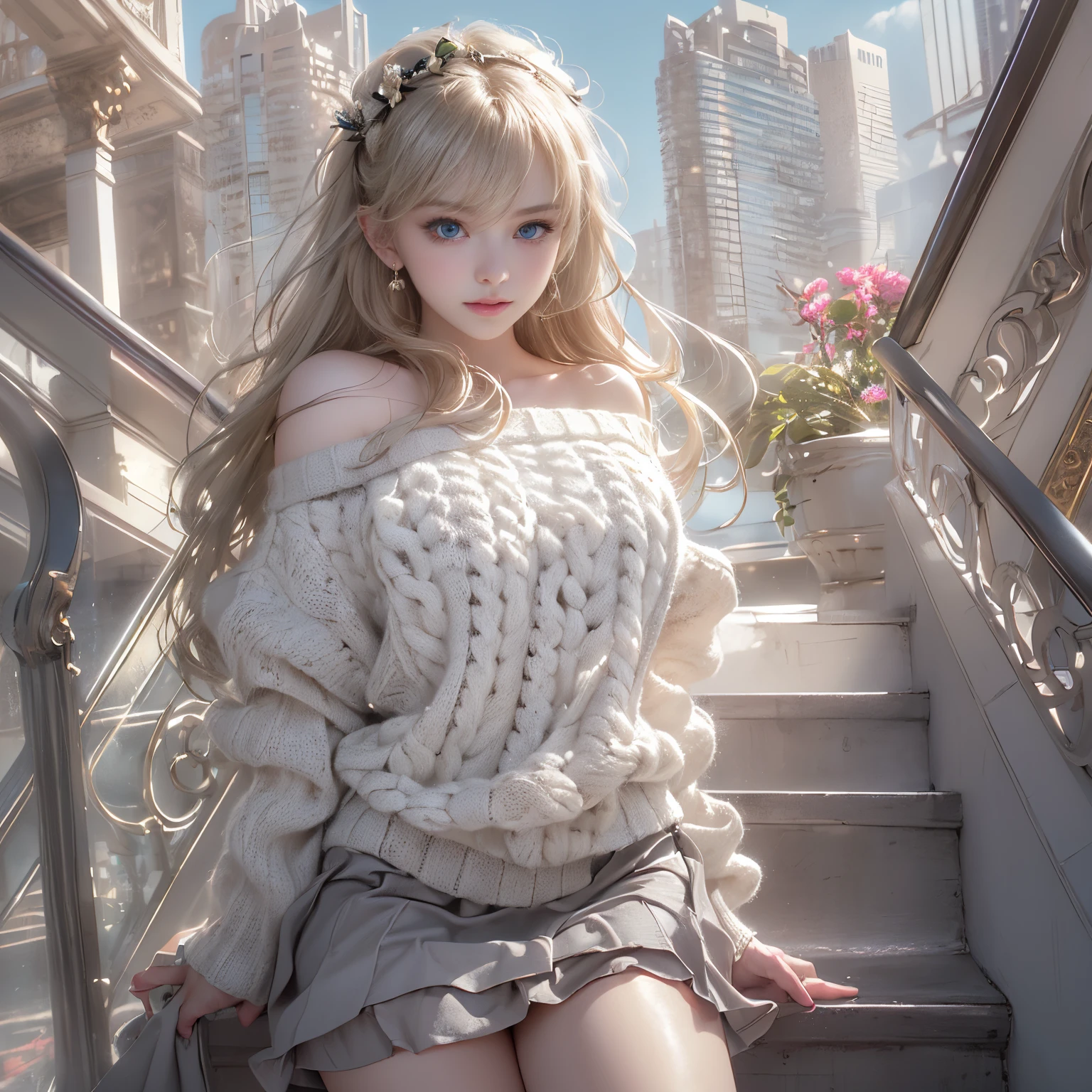 ((girl standing on the stairs in the office)),((posterior view))、((Looks Back))、、bright expression、Young shiny shiny white shiny skin、Best Look Rondo Reflective Light、Platinum blonde hair with dazzling highlights、shiny light hair,、Super long silky straight hair、Beautiful bangs that shine、Glowing crystal clear attractive big blue eyes、Very beautiful nice cute 16 year old girl、Lush bust,Beautiful detailed eyes, beautiful detailed nose,(( Full Body Angle:1.5)),Makeup that the eyes emphasize、Royal style，Comic style, , Sub-surface scattering, ornate detail,  ((Cinematic)), Dramatic Lighting、((Off-the-shoulder white hand-knitted sweater:1.4))、((Black Leather Tight Mini Skirt)), ((Black Leather High Heel Boots)）、(White lace panties are visible)、1 girl in、Ultra realistic 8K CG, Picture-perfect face, flawless, clean, masutepiece, Professional artwork, famousartwork, Perfect face, Beautiful face, Beautiful eyes, ((Perfect female body)), Solo,(Immersive atmosphere, Chiaroscuro:1.5,Bright light:1.2,Luminous lighting),(blush:0.5),fascinated expression,Extremely detailed_Eyes,thick thighs,Large,beautifullydetailedbackground,depth of fields,Realistic:1.3, , (ambient lights:1.3),(Cinematic composition:1.3),(Neon light:0.1),(nffsw:0.1),((Outside the window, Hazy skyscrapers))
