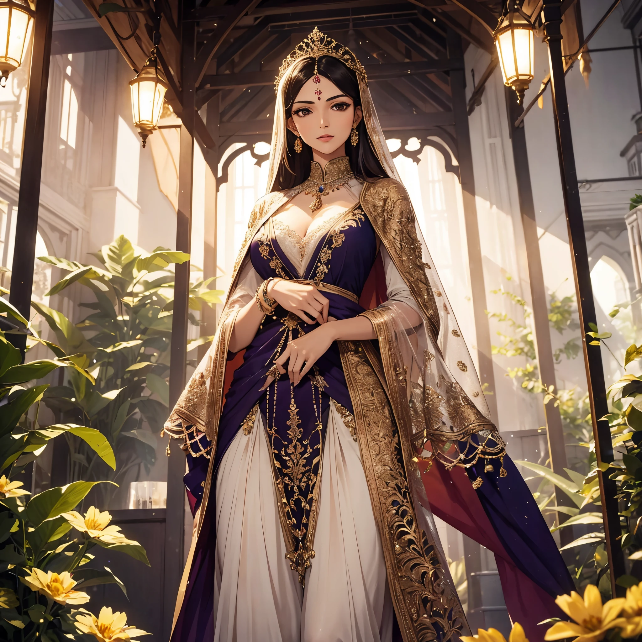 A tall elegant Indian woman (aged 30) in sheer translucent silk clothes. She has an intricately embroidered cloak, deep violet with gold trim and having many small gold embroidered flowers on it. Focus on the cloak.