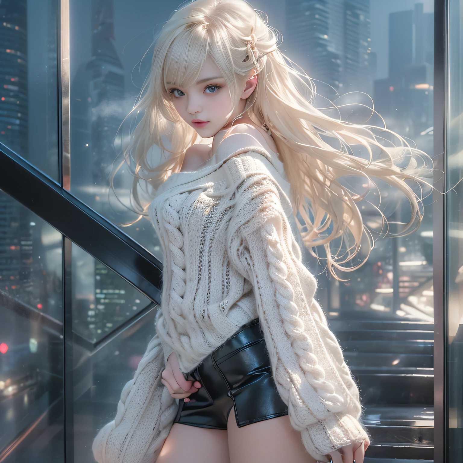 ((girl standing on the stairs in the office)),((posterior view))、((Looks Back))、、bright expression、Young shiny shiny white shiny skin、Best Look Rondo Reflective Light、Platinum blonde hair with dazzling highlights、shiny light hair,、Super long silky straight hair、Beautiful bangs that shine、Glowing crystal clear attractive big blue eyes、Very beautiful nice cute girl、Lush bust,Beautiful detailed eyes, beautiful detailed nose,(( Full Body Angle:1.5)),Makeup that the eyes emphasize、Royal style,Comic style, , Sub-surface scattering, ornate detail, ((Cinematic)), Dramatic Lighting、((Off-the-shoulder white hand-knitted sweater:1.4))、((Black Leather Tight Mini Skirt)), ((Black Leather High Heel Boots))、(White lace panties are visible)、1 girl in、Ultra realistic 8K CG, Picture-perfect face, flawless, clean, masutepiece, Professional artwork, famousartwork, Perfect face, Beautiful face, Beautiful eyes, ((Perfect female body)), Solo,(Immersive atmosphere, Chiaroscuro:1.5,Bright light:1.2,Luminous lighting),(blush:0.5),fascinated expression,Extremely detailed_Eyes,thick thighs,Large,beautifullydetailedbackground,depth of fields,Realistic:1.3, , (ambient lights:1.3),(Cinematic composition:1.3),(Neon light:0.1),(nffsw:0.1),((Outside the window, Hazy skyscrapers))
