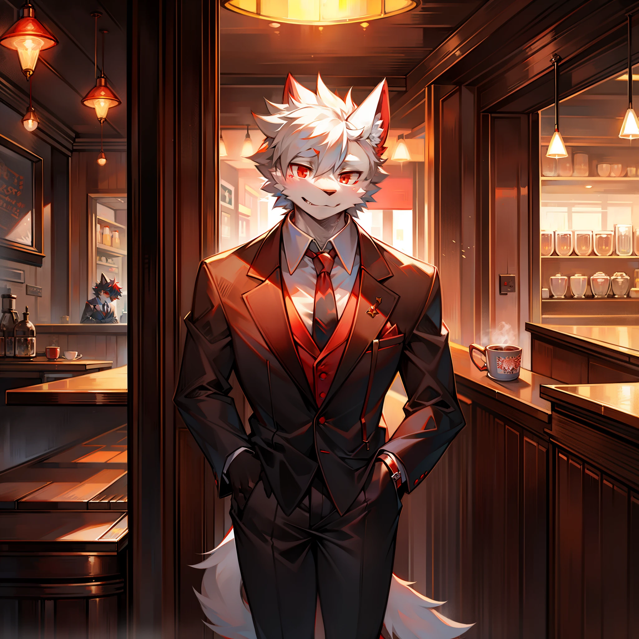 white male Furry red eyes business suit Solo person in coffee shop