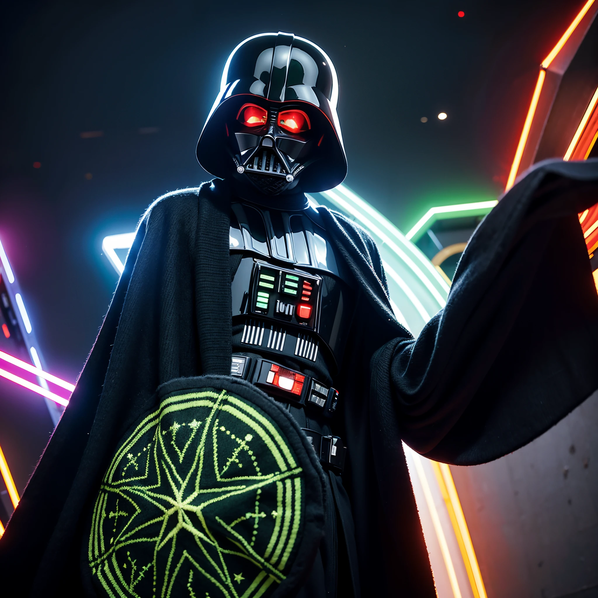 Darth Vader holding up a Christmas sweater,embroidered with 'Best Dad',high-res,ultra-detailed,portrait style,warm,soft lighting,vibrant colors,stormtroopers in the background,red and green color scheme,festive atmosphere,gleaming lights,emperor's throne room,imposing presence,strong force presence,star destroyer in the distance,bright starry sky,grandiose setting,epic hero,villainous aura