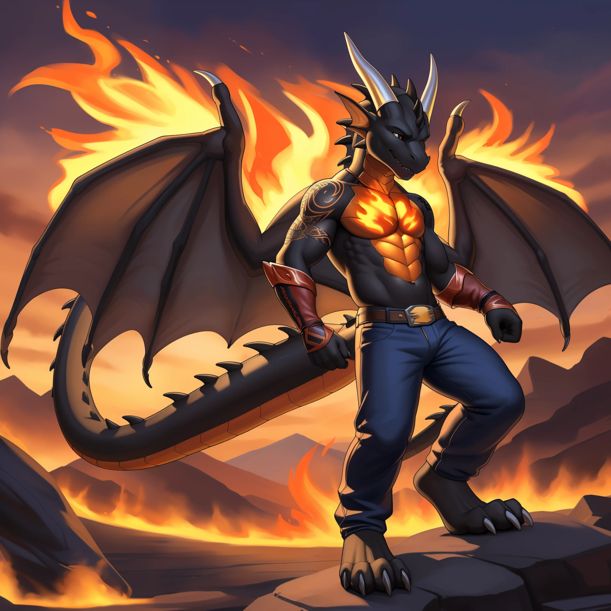(masterpiece, best quality, high quality, highres:1.4), detailed, extremely detailed, bright lighting, 4K, (by ruaidri), yupa, kiyosan,(by meesh), (by fffffolder)), delga: (slim, athletic, dragon, ((black body)), smooth skin, athletic muscle, anthro legs, ((young)), (dragon feet), (toe claw), black spikes, (detailed eyes), dragon horn, ((dragon tail)), tail attached to waist, 1tail, ((dragon wings)), bare_shoulders, (clothing, handwear:(vambraces), bottomwear:(pants:black, [[leg armor]]))), beautiful, (((heroic aura))), closed_mouth, ((serious_look, menacing)) tag:1boy)), covered in tattoos, has tattoos, tattoos covering the chest and arms, tattoo sleeves on both arms, flames coming off the skin, fire billowing off body, ((Ghost Rider))