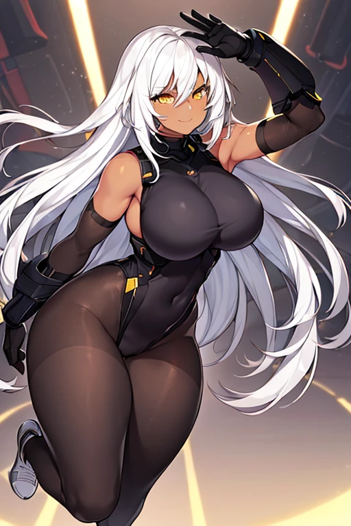 1girl, dark-skinned female, dark skin, white hair, long hair, large breasts, breasts, wide hips, yellow eyes, smile, smirk, smug, bodysuit, black bodysuit, white tr8m, sleeveless, black pantyhose, pantyhose, futuristic, tech, science-fiction, full body, ((full body)),