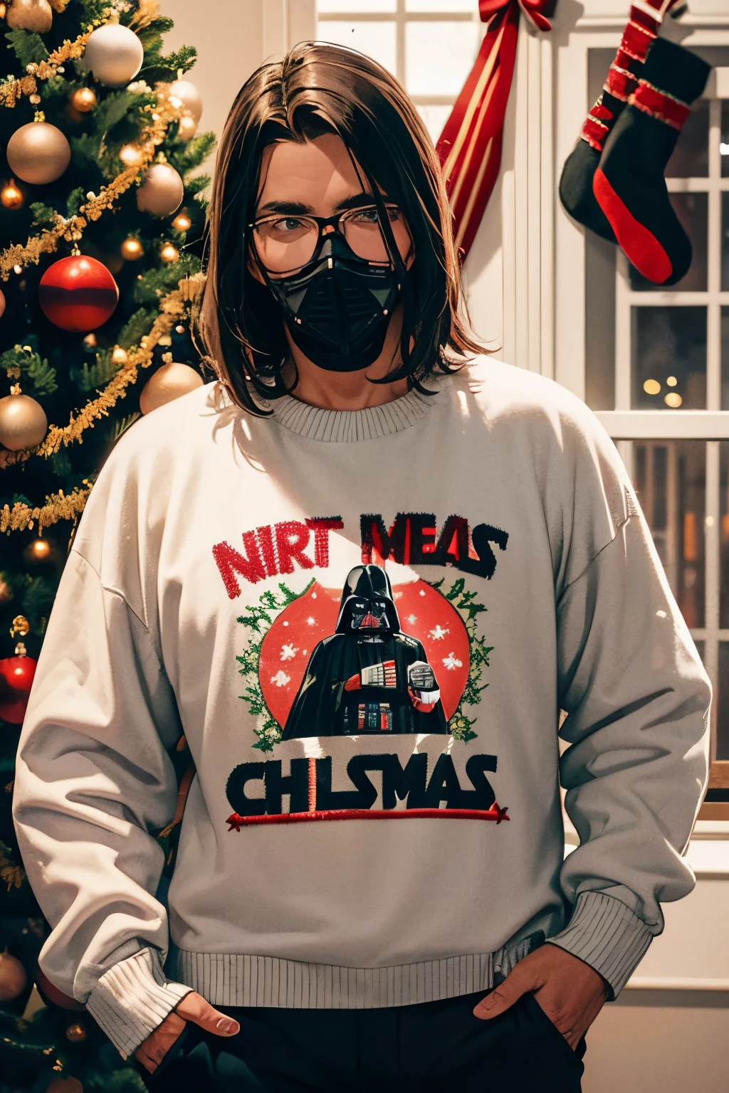 Darth Vader holding up a Christmas sweater 'Best Dad' embroidered into it