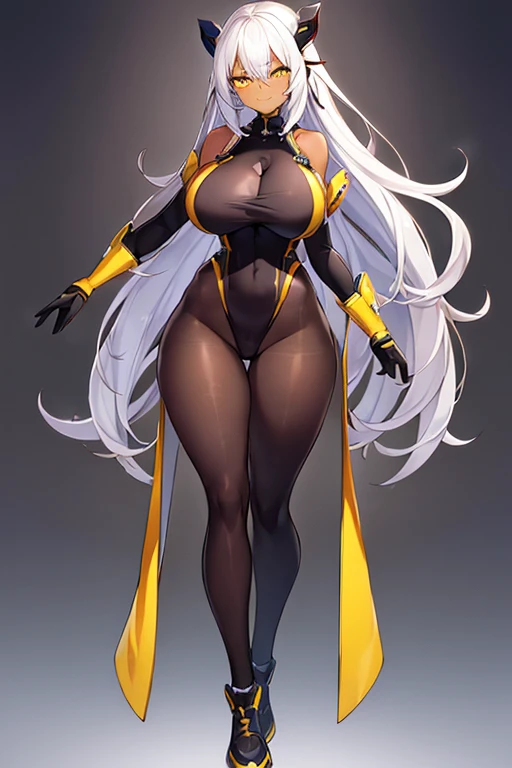 1girl, dark-skinned female, dark skin, white hair, long hair, large breasts, breasts, wide hips, yellow eyes, smile, smirk, smug, bodysuit, black bodysuit, white trim, sleeveless, black pantyhose, pantyhose, futuristic, tech, science-fiction, full body, ((full body)),