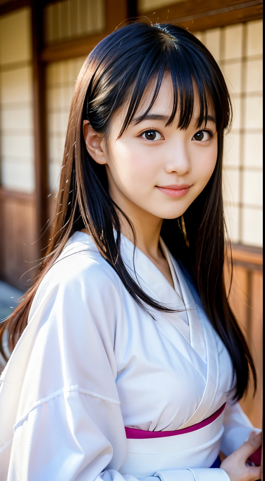 Best-quality, Masterpiece, Ultra-High-Resolution, (Photorealistic:1.4), Raw-Photo, Extremely-Details, Perfect-Anatomy, 1girl, the most popular Japanese idol, cowboy-shot, extremely cute face like a very famous Japanese idol, extremely beautiful big black eyes, extremely beautiful black hair, extremely beautiful white skins, wearing only gorgeous Japanese KIMONO, innocent smile, looking at viewer, detailed gorgeous Japanese KIMONO, detailed cute face, detailed beautiful big black solid circle eyes, detailed beautiful hair, detailed beautiful white skins