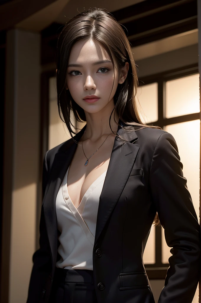 (Photoreal Stick:1.5, masutepiece:1.5, 8K), (top-quality, masterpiece, 超A high resolution), Professional camera work:1.3, Highly detailed skin and facial texture:1.3, Cinematic Light, Mystical portrait, Grow Light Effect, Perfect dynamic composition, The ultra-detailliert, Dimmed lighting:1.3, Inside the building, (V-neck shirt, Black Tailored Suit, Suit jacket), Model body type, Clear face, Detailed hand, Beautiful and detailed eyes, (i love you completely:0.6), A mouthfeel that feels beautiful eros, night view at night, Dark brown medium hair, Small breasts, a necklace, Close-up portrait