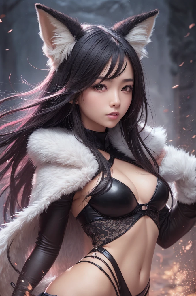 Ultra-realistic capture, Highly detailed, High resolution 16k close-up of human skin, Skin texture must be natural, Detailed enough to finely identify pores, Skin should look healthy, In a uniform tone, Use natural light and color, ahri, ahri_(lize_In the_legends), 1girl in, absurderes, animal_Ears, Black_hair, Detached_sleeves, Distri, facial arcs, Fox_Ears, Fox_tail, Hand_ ass hole up, hight resolution, lize_In the_legends, long_hair, Snow Suit, Magic, multiple_tailed, white_tailed, orange_Eyes, parted_Lips, Solo, Standing, tail, full_Body, arms behind back, appearance々Let&#39;s take Japanese monsters with us, ((Wearing a demon fox costume)), ((In a pose where you attack with both hands))