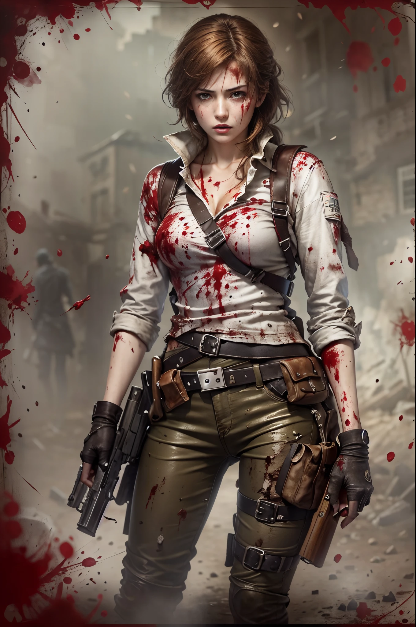 An ultra hot gorgeous European woman, age 23, she’s holding a katana. Body full of blood splash. She’s full of fury and anger.