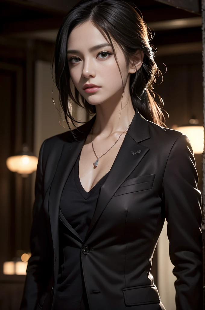 (Photoreal Stick:1.5, masutepiece:1.5, 8K), (top-quality, masterpiece, 超A high resolution), Professional camera work:1.3, Highly detailed skin and facial texture:1.3, Cinematic Light, Mystical portrait, Grow Light Effect, Perfect dynamic composition, The ultra-detailliert, Dimmed lighting:1.2, night view at night, Inside the building, (V-neck shirt, Black Tailored Suit, Suit jacket), Model body type, Clear face, Detailed hand, Beautiful and detailed eyes, (i love you completely:0.6), A mouthfeel that feels beautiful eros, Dark brown medium hair, Small breasts, a necklace, Close-up portrait