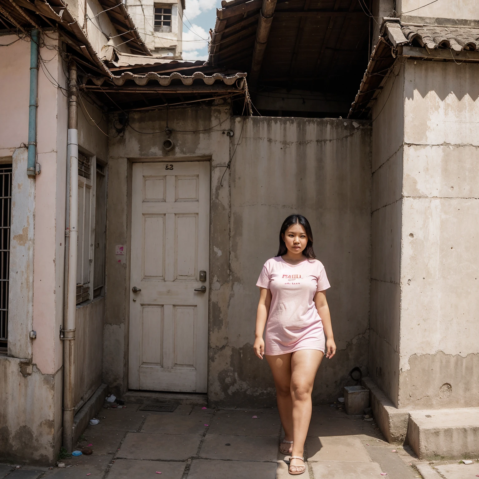 A young woman indonesian wearing a white T-shirt has the words Pinjam Dulu Seratus in pink. chubby. Thick artistic writing. Walking in a narrow alley, in Indonesian. Looking at the camera. Sai-hdr