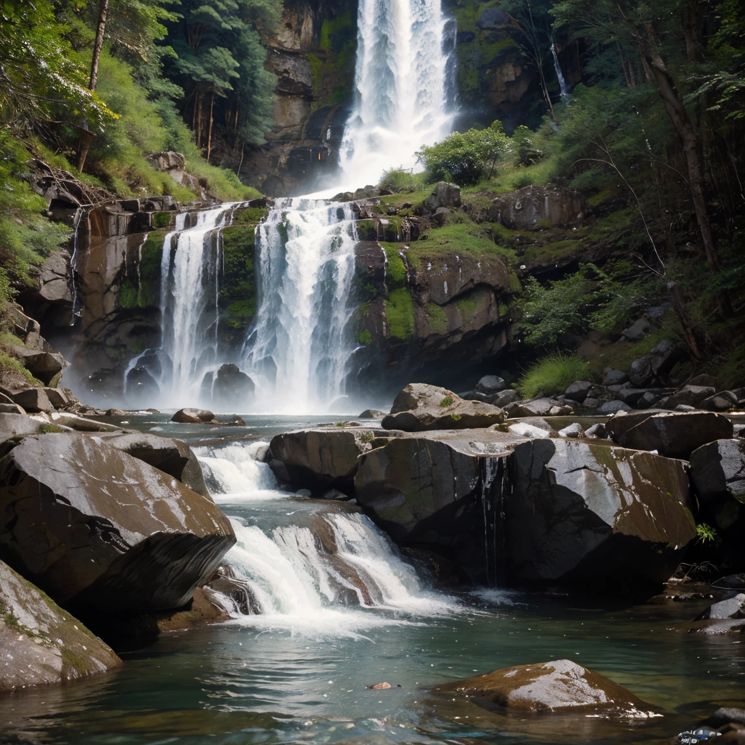 where water is cascading down from the mountains, with the word 'Rehman' inscribed on the rocky surface. Craft a prompt that captures the serene beauty of mountains, waterfalls, and the divine presence suggested by the inscription