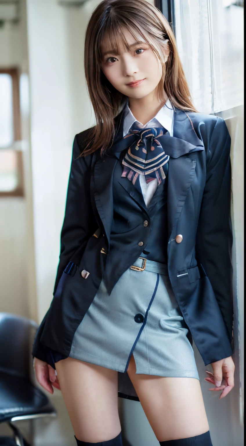 top-quality,ultra - detailed,tmasterpiece,hentail realism,Photorare,Bright lighting,1 girl in, Camera color temperature 3800k、an extremely beautiful 17-year-old girl, (kawaii:1.6),Thin smile, (Brown eyes),(dark brown hair),(By bangs),perfect glossy shiny skins,flawless skin,((erotick,Sexy and sexually explicit)),((Exact pointers，No discomfort)), large full breasts,big breasts thin waist, looking at viewert,((Black Blazer Uniform:1.5)),((Long sleeve uniform white shirt)),(Navy blue tie),((Dark blue super mini skirt:1.5、No slit)),(((Skirt lift with their own hands))),(lifted by self),lace and black panties,Panty Focus,(Stand with your feet together)), knee high socks,(Loafer shoes), In the daytime,Station platform、stand through the window、Wearing a miniskirt、Hands behind your back