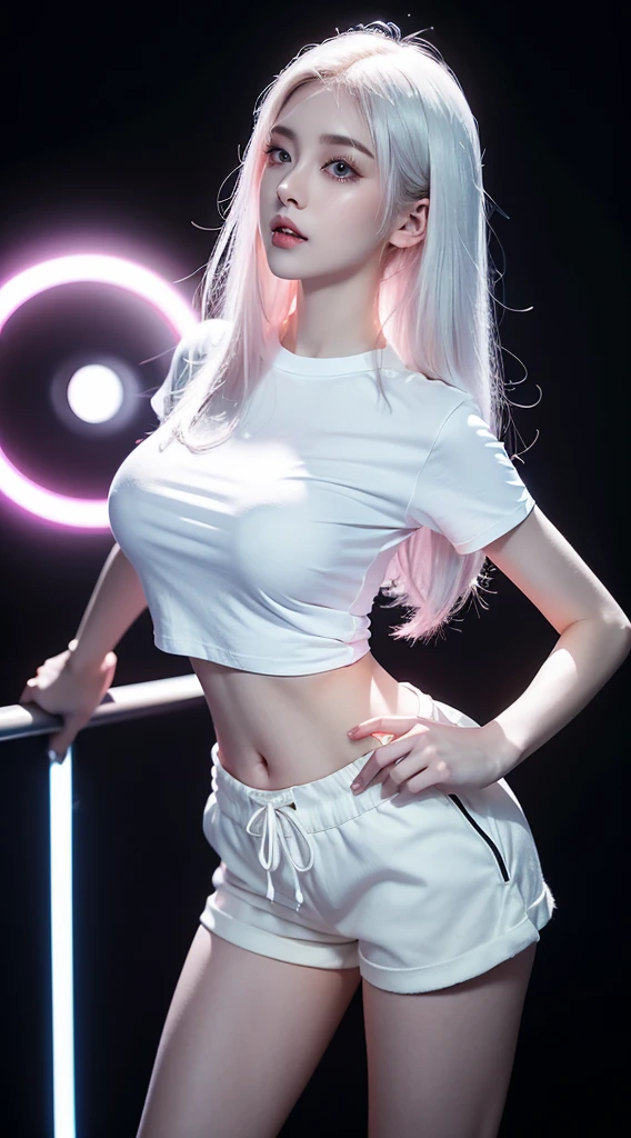 A beautiful woman standing in dark, wearing ((glowing light t-shirt, hotpants)), pale skin, smooth pale skin, skin tune pink, perfect body, detailed body, ((round big breast, big hips)), cute face, white hair, super detailed, 8k