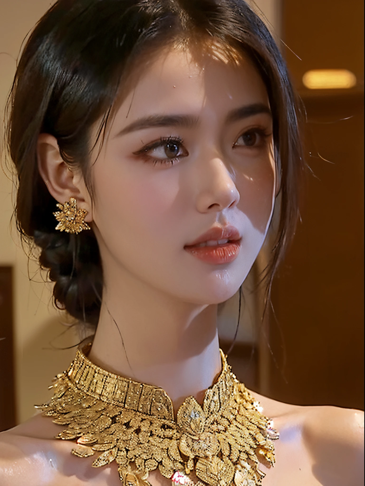 Close-up of woman wearing necklace and earrings, ruan jia beautiful!, & Her expression was serious, Siamese, The face is beautiful, smiling wryly, Traditional beauty, but she looks serious, Vibeni series, she looks far away, Aesthetic!!!!!!