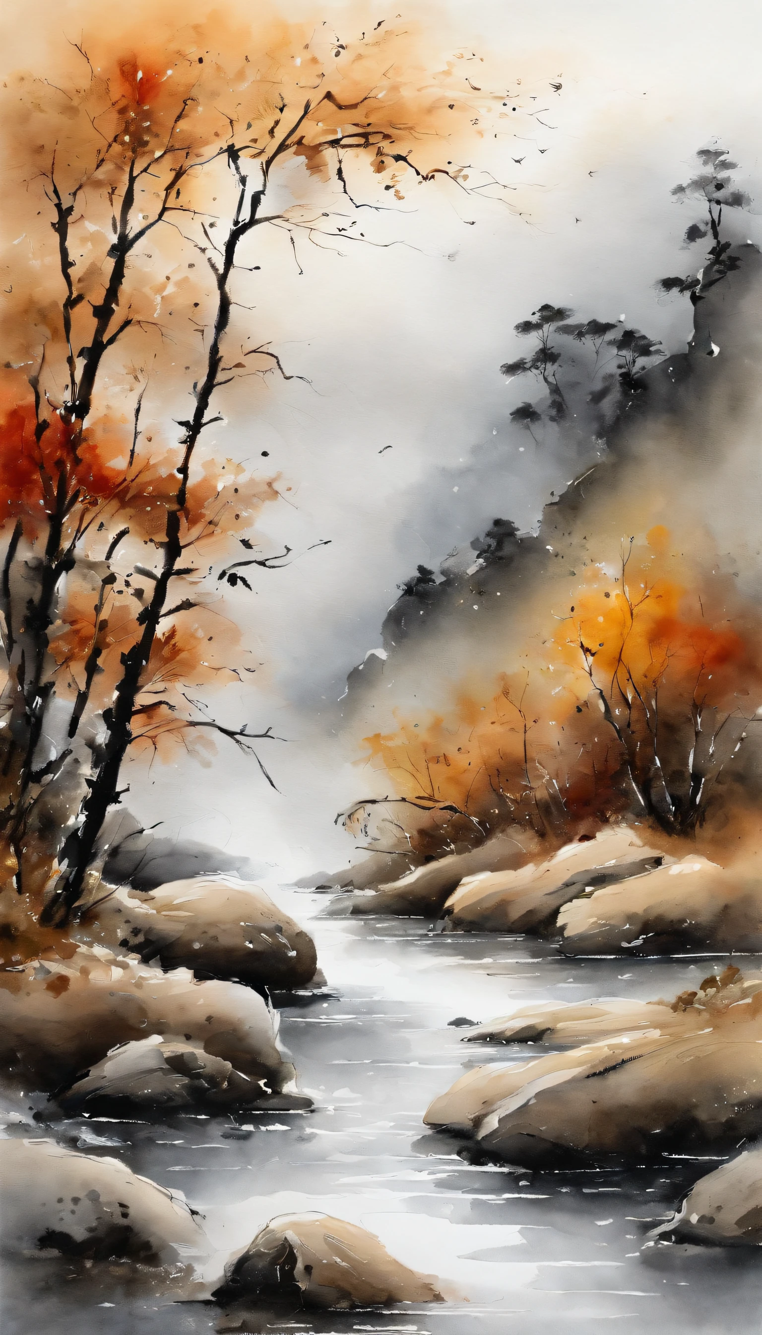 Chinese landscape painting,Ink painting and watercolor,water ink,ink,Dirty,Faraway view,Ultra-wide viewing angle,Detailed boat scene,Dirty,low-saturation,low-contrast,Fishing alone in the cold river snow,snow landscape,Beautifully depicted,Detailed pubic hair,Acura,artwork of a,tmasterpiece