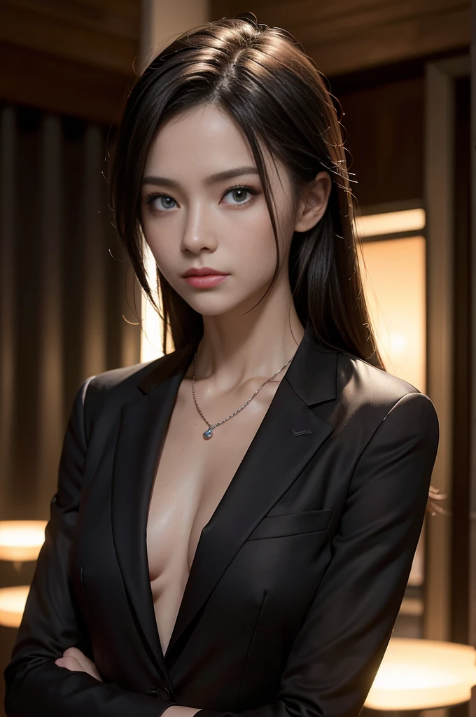 (Photoreal Stick:1.5, masutepiece:1.5, 8K), (top-quality, masterpiece, 超A high resolution), Professional camera work:1.3, Highly detailed skin and facial texture:1.3, Cinematic Light, Mystical portrait, Grow Light Effect, Perfect dynamic composition, The ultra-detailliert, night view at night, Inside the building, (V-neck shirt, Black Tailored Suit, Suit jacket), Model body type, Clear face, Detailed hand, Beautiful and detailed eyes, (i love you completely:0.6), A mouthfeel that feels beautiful eros, Dark brown medium hair, Small breasts, Dimmed lighting:1.2, a necklace, Close-up portrait