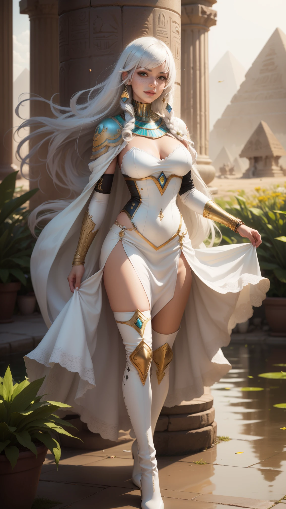 gwen tennyson,yorha 2b,tracer,y'shtola rhul,1girl,overwatch,atelier ryza,close up,meadow view,tattoos,royal yellow and white plugsuit,white short sleeve silk top,full plate egyptian armor,long white silk skirt,white thong,white embroidery egyptian corset,pharaoh makeup,green eyes,short multicolored silver hair, long dress train,sexy smile, freckles,beautiful girl,white egyptian thigh high boots,large breasts,8k,ultra detailed,realistic,fantasy art,egyptian queen uniform,egyptian pharaoh dress,ear piercings,egyptian hand and neck jewelry,(weather:windy),long white egyptian coat,ancient Egypt,egyptian hair pin,flower petals flying,egyptian pyramid,egyptian pond garden,
