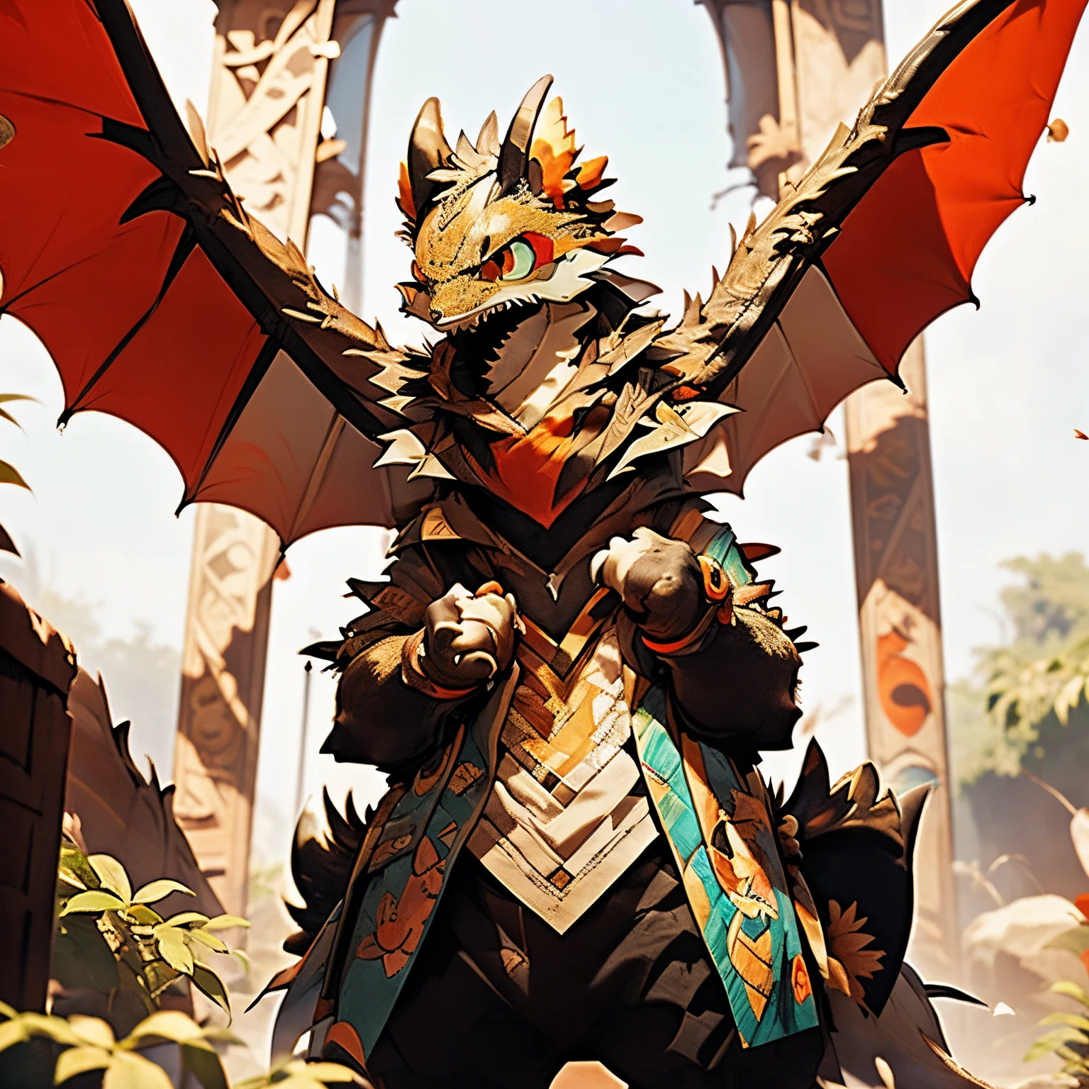 Design a lively and expressive anthropomorphic character with a combination of fox and dragon traits, emphasizing vibrant colors, dynamic poses, and a mischievous personality