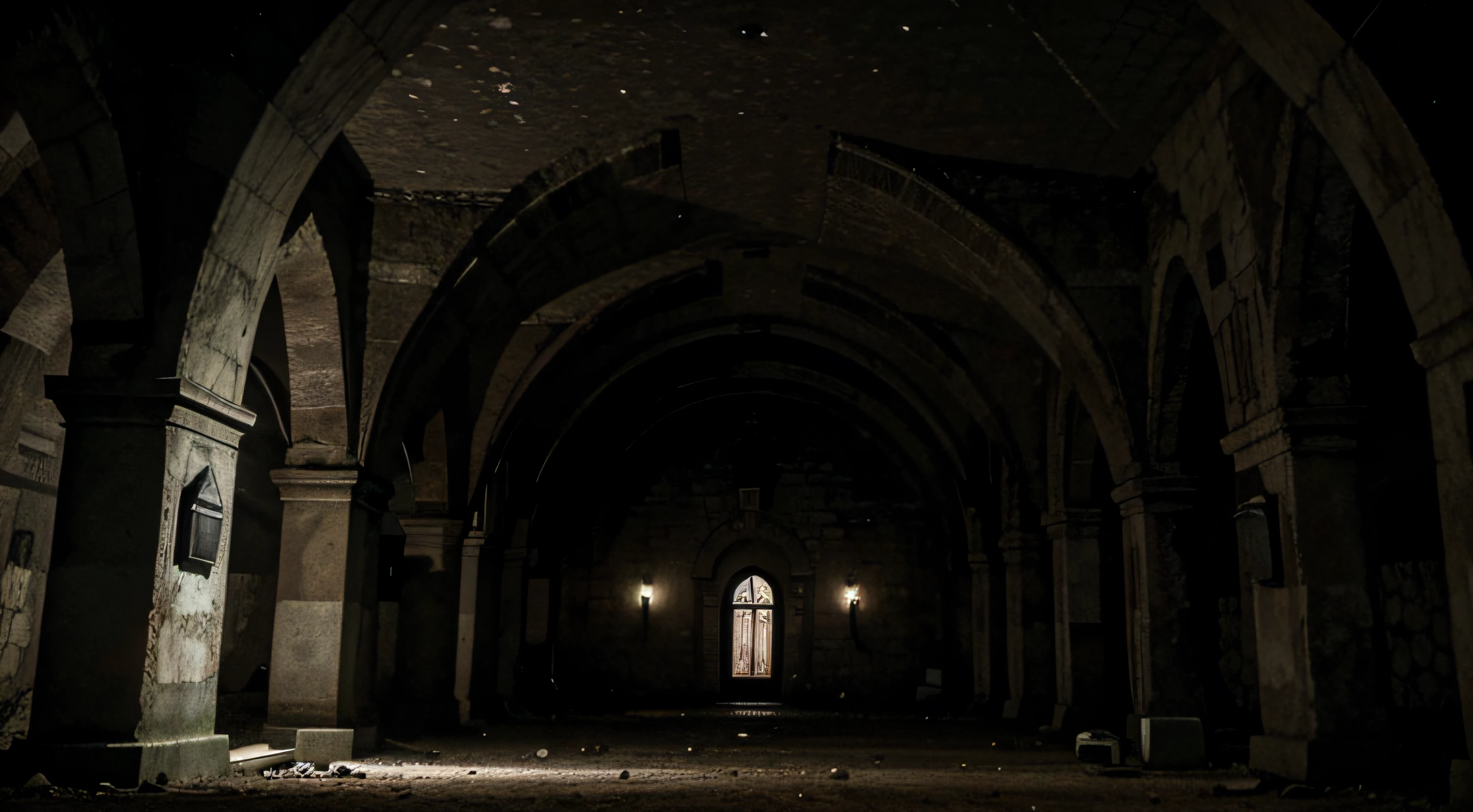 mauzoleu oval, parte interna, Noite, horror, sinistro, estilo resident evil e sozinho no escuro, High detail, catacombs and tombstones on the walls. Post Apocalyptic Scenario