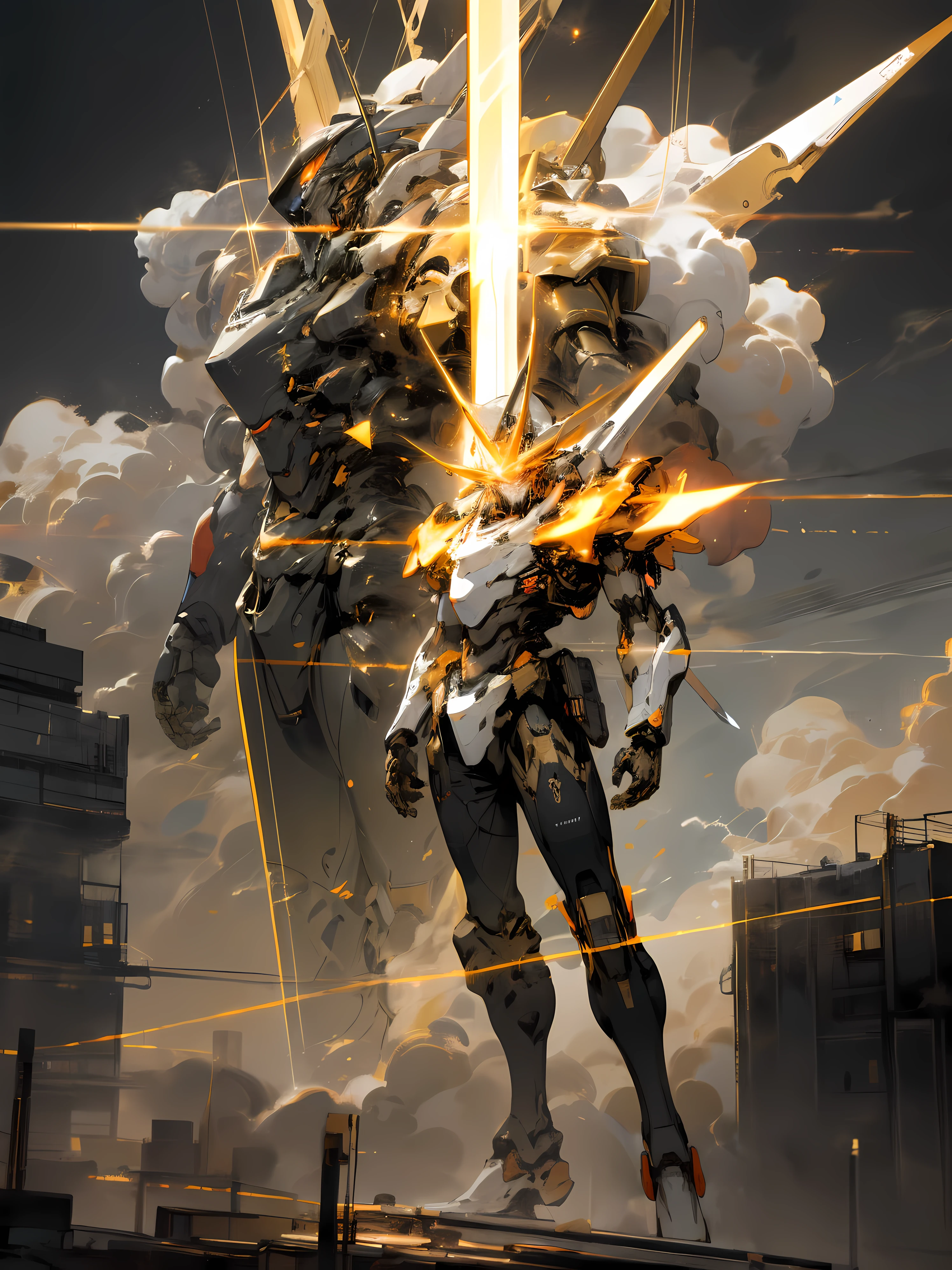 Skysky, ​​clouds, ngel_arma, The No_Humanity, glowing, droid, buliding, glowing_The eye, mechs, scientific fiction, 城市.actual,mechs，clean background trending, Gold and black tones, Golden ratio composition，Full body photo，Crystal material, fiery red color, Red-black tones,Gold and black tones, ,Gold and black tones.