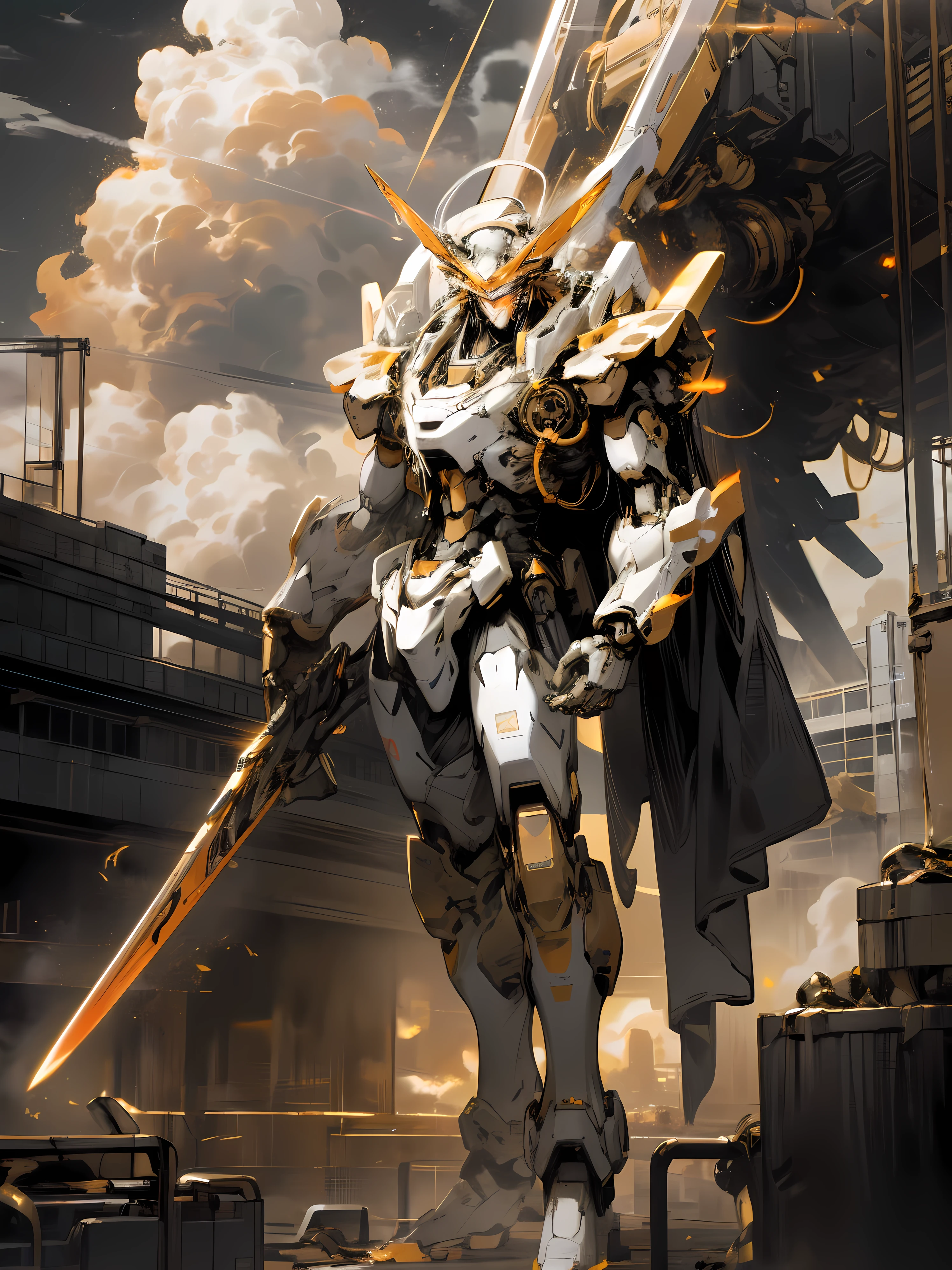 Skysky, clouds, ngel_arma, The No_Humanity, glowing, droid, buliding, glowing_The eye, mechs, scientific fiction, 城市.actual,mechs,clean background trending, Gold and black tones, Golden ratio composition,Full body photo,Crystal material, fiery red color, Red-black tones,Gold and black tones, ,Gold and black tones.