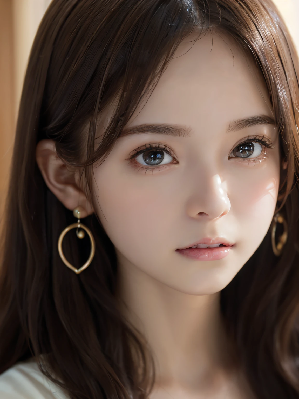 Close-up portrait of a woman in a brown dress and earrings, soft portrait shot 8 k, lovely delicate face, high-quality 4k portrait, high quality portrait, soft flawless pale skin, 8K highly detailed face, Beautiful delicate face, beautiful light big eyes, beautiful and realistic faces, beautiful young woman with, beautiful and realistic faces, cute young woman