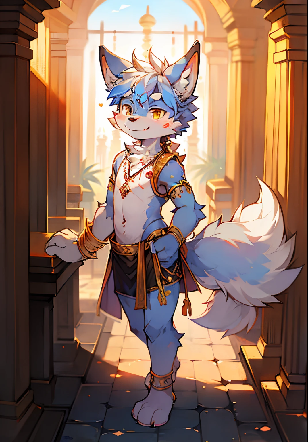 A cute anthro male Furry wolf in india look Hindu temple Hindu citys furries people walking solo