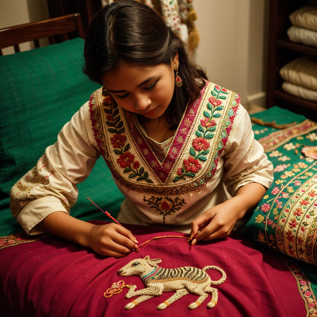 a girl embroidering an animal on fabric, detailed embroidery, vibrant colors, intricate stitching, soft and delicate fabric, beautiful patterns, delicate threadwork, traditional embroidery techniques, careful and precise handiwork, lovely textures, fine needlework, attention to detail, artistic expression, handcrafted masterpiece, cultural heritage, intricate animal design, creative artistry