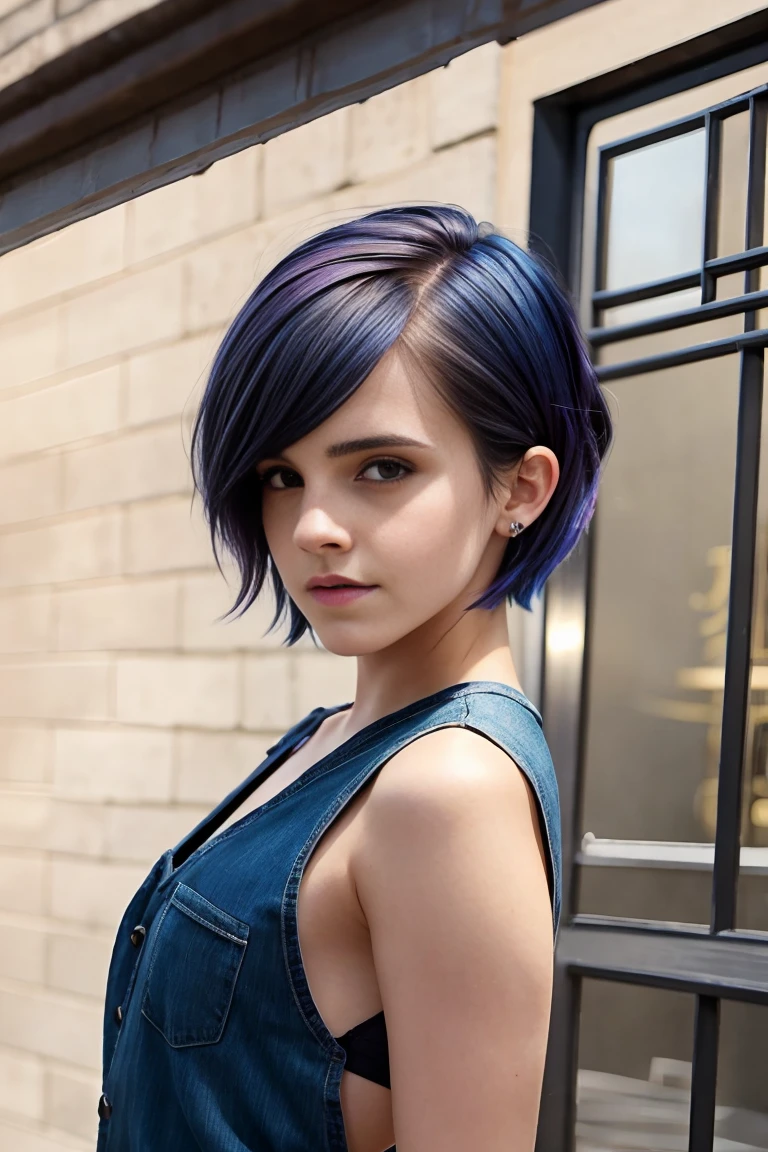Emma watson with short indigo colored hair in an undercut bob