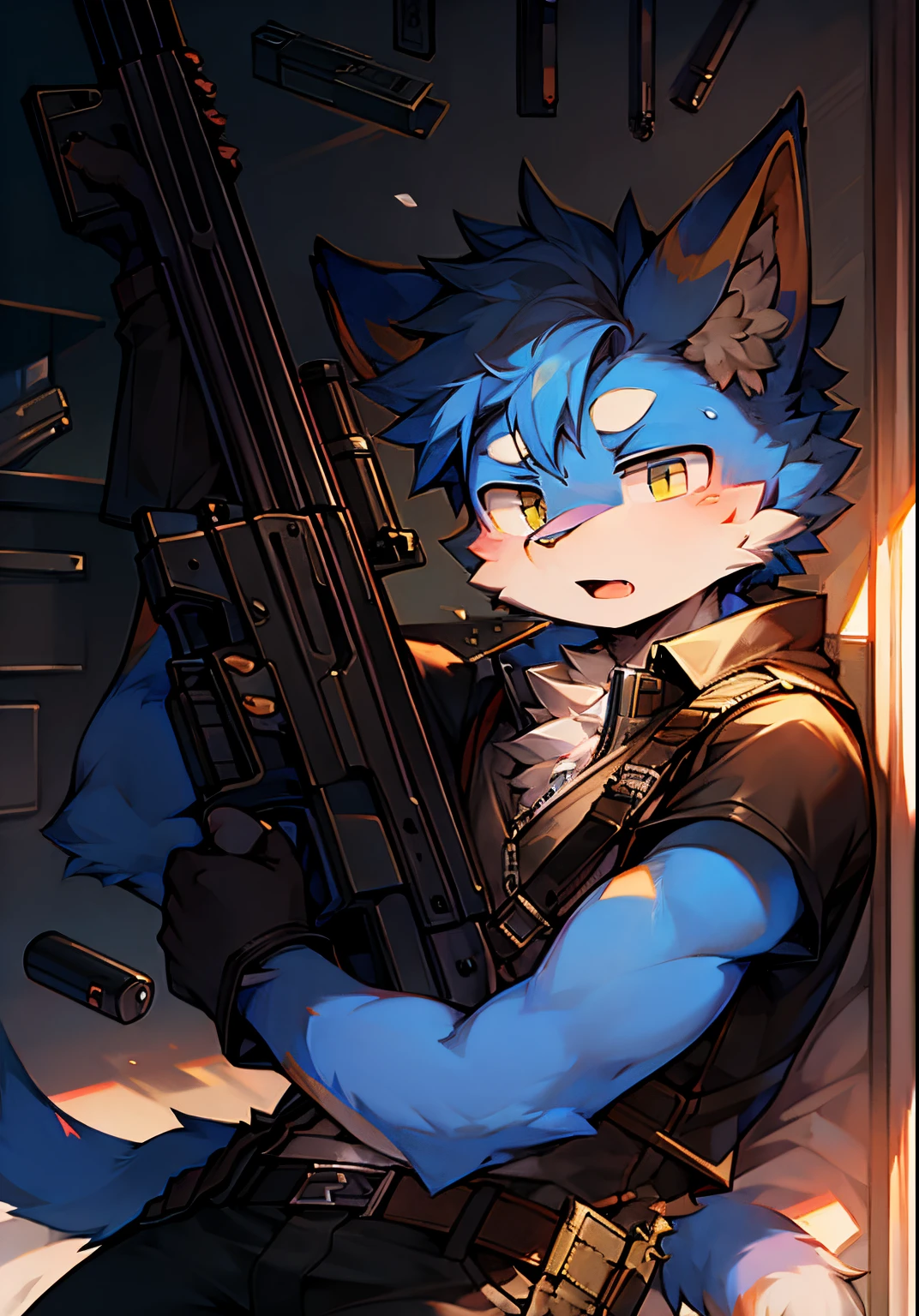 Furry anthro male cat receive a Gun