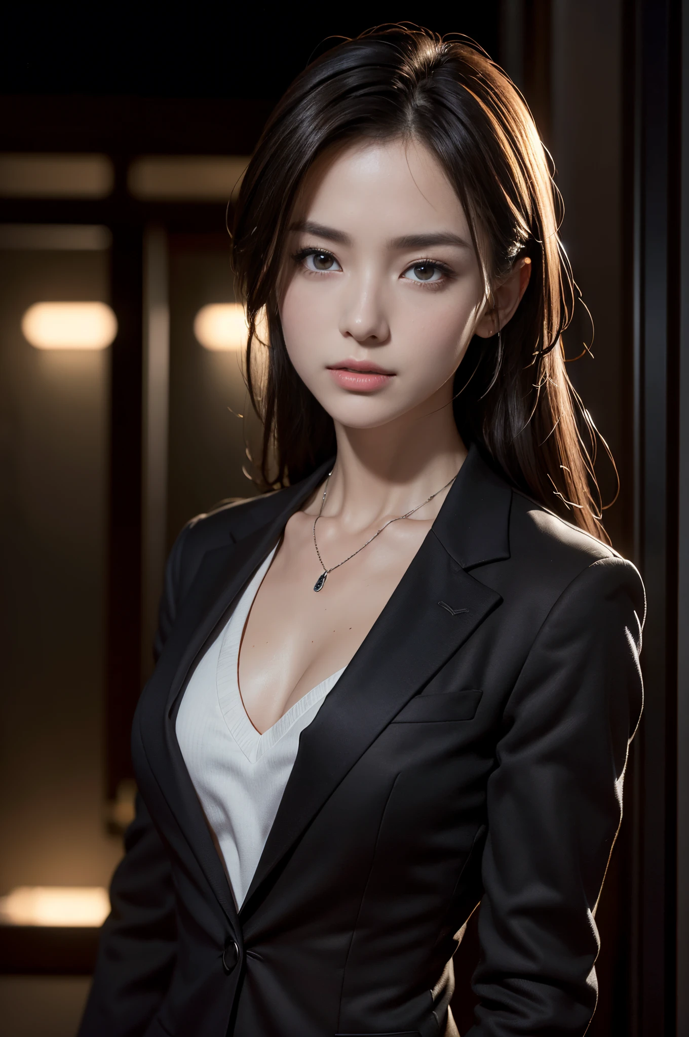(Photoreal Stick:1.5, masutepiece:1.5, 8K), (top-quality, masterpiece, 超A high resolution), Professional camera work:1.3, Highly detailed skin and facial texture:1.3, Cinematic Light, Mystical portrait, Grow Light Effect, Perfect dynamic composition, The ultra-detailliert, night view at night, Inside the building, (V-neck shirt, Black Tailored Suit, Suit jacket), Model body type, Clear face, Detailed hand, Beautiful and detailed eyes, (i love you completely:0.6), A mouthfeel that feels beautiful eros, Dark brown medium hair, Small breasts, Dimmed lighting:1.2, a necklace, Close-up portrait