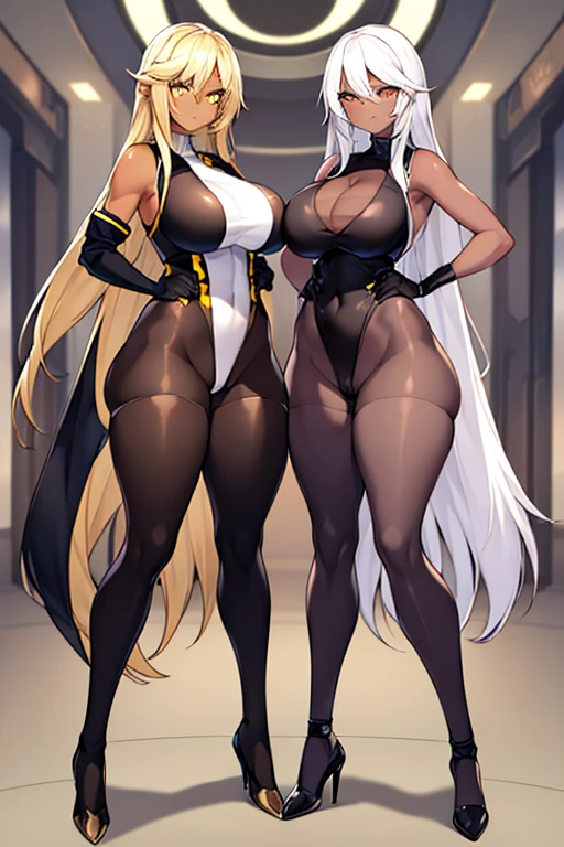 2girls, dark-skinned female, dark skin, white hair, long hair, large breasts, breasts, wide hips, yellow eyes, smile, smirk, smug, bodysuit, black bodysuit, white trim, sleeveless, black pantyhose, pantyhose, futuristic, tech, science-fiction, full body, ((full body)),