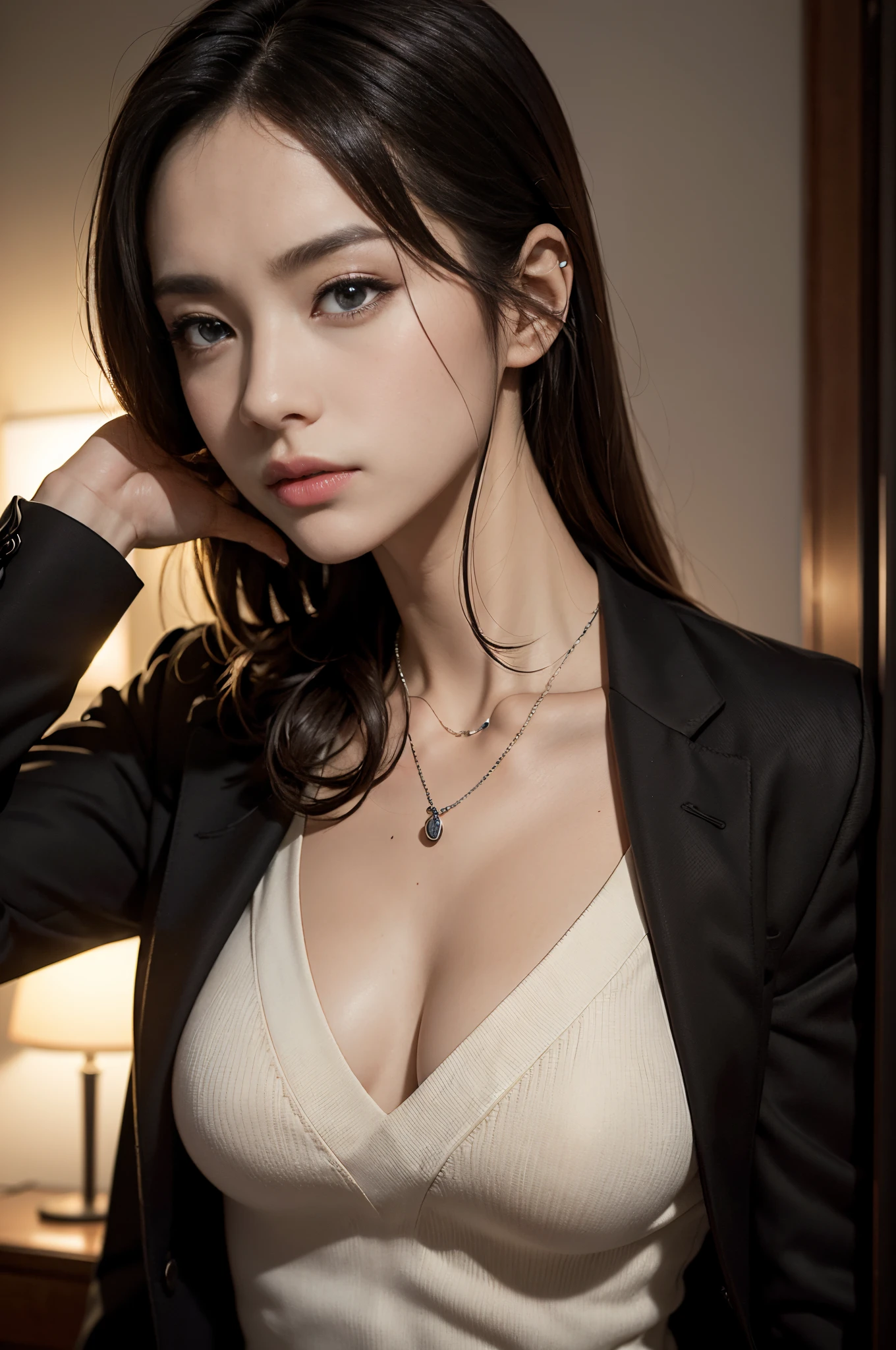(Photoreal Stick:1.5, masutepiece:1.5, 8K), (top-quality, masterpiece, 超A high resolution), Professional camera work:1.3, Highly detailed skin and facial texture:1.3, Cinematic Light, Mystical portrait, Grow Light Effect, Perfect dynamic composition, The ultra-detailliert, night view at night, (V-neck shirt, Black Tailored Suit, Suit jacket), Model body type, Clear face, Detailed hand, Beautiful and detailed eyes, (i love you completely:0.6), A mouthfeel that feels beautiful eros, Dark brown medium hair, Small breasts, Dimmed lighting:1.2, a necklace, Close-up portrait