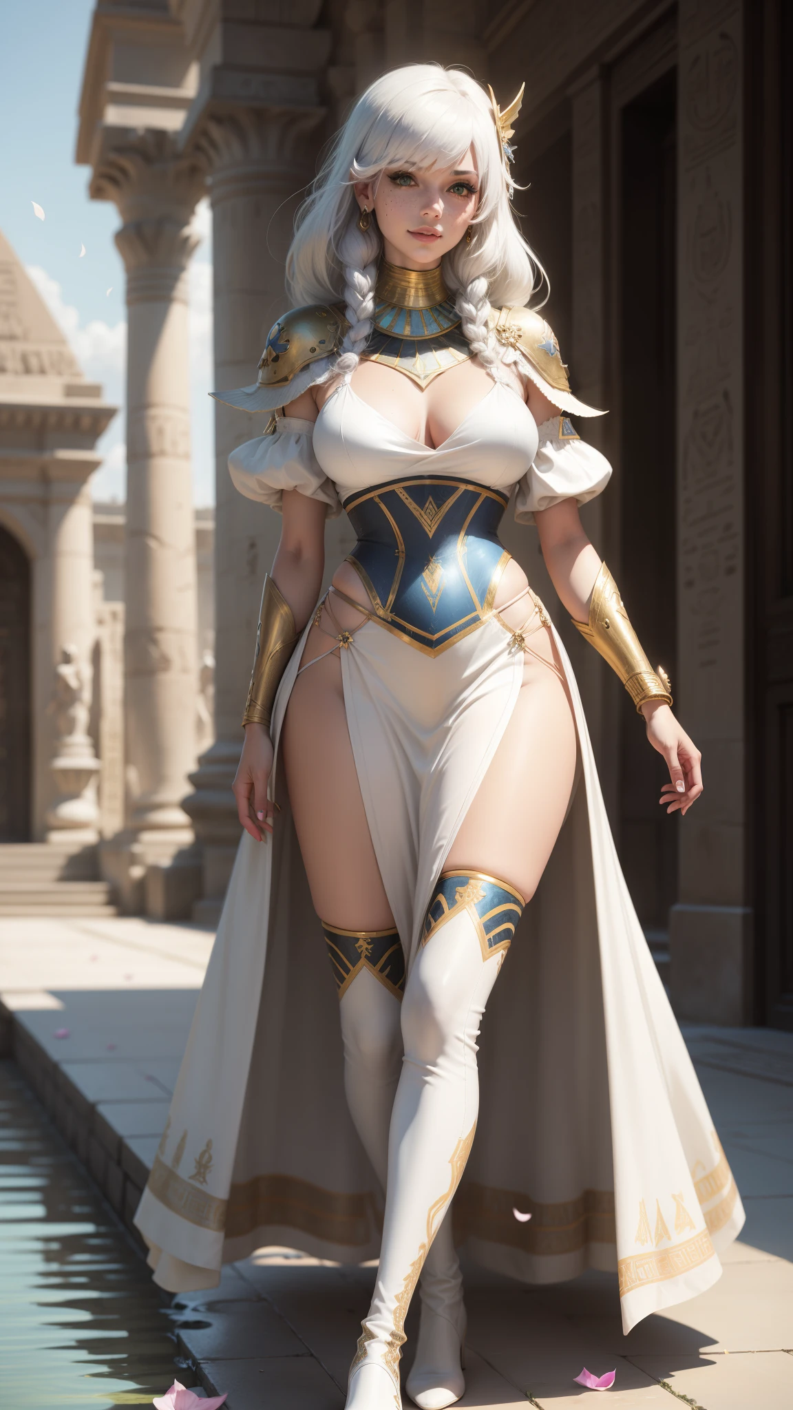 gwen tennyson,yorha 2b,tracer,y'shtola rhul,1girl,overwatch,atelier ryza,close up,meadow view,tattoos,royal yellow and white plugsuit,white short sleeve silk top,full plate egyptian armor,long white silk skirt,white thong,long hair,white embroidery egyptian corset,pharaoh makeup,green eyes,multicolored silver hair,long dress train,sexy smile, freckles,beautiful girl,white egyptian thigh high boots,large breasts,8k,ultra detailed,realistic,fantasy art,egyptian queen uniform,egyptian pharaoh dress,ear piercings,egyptian hand and neck jewelry,(weather:windy),long white egyptian coat,ancient Egypt,egyptian hair pin,flower petals flying,egyptian pyramid,egyptian pond garden,