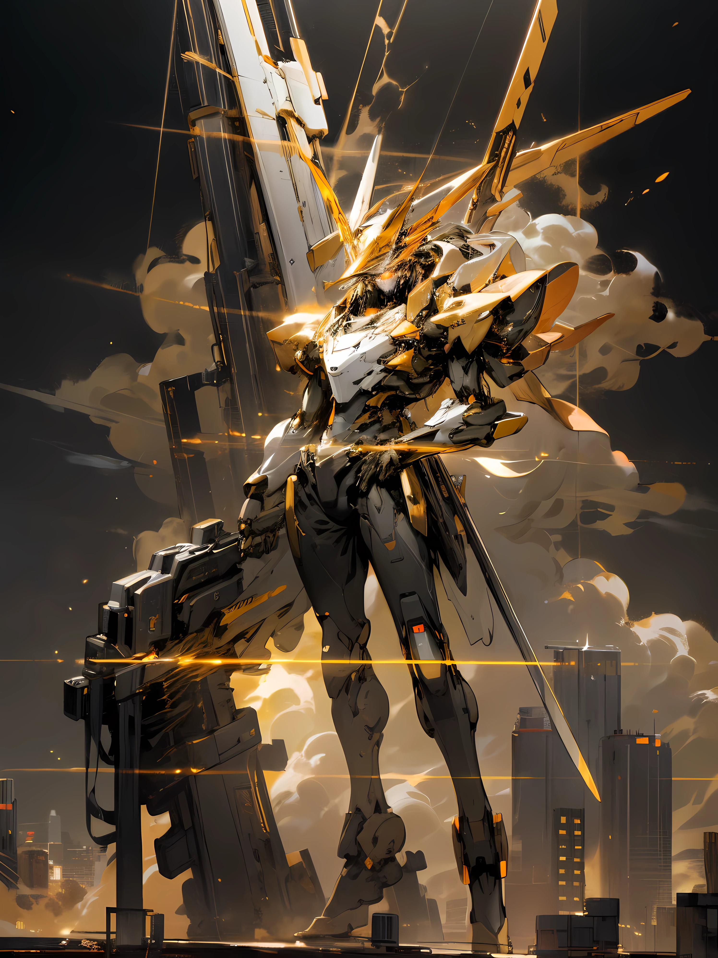 Skysky, ​​clouds, ngel_arma, The No_Humanity, glowing, droid, buliding, glowing_The eye, mechs, scientific fiction, 城市.actual,mechs，clean background trending, Gold and black tones, Golden ratio composition，Full body photo，Crystal material, fiery red color, Red-black tones,Gold and black tones, ,Gold and black tones.