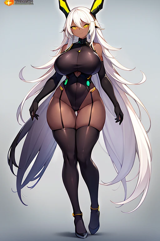 2girls, dark-skinned female, dark skin, white hair, long hair, large breasts, breasts, wide hips, yellow eyes, smile, smirk, smug, bodysuit, black bodysuit, white trim, sleeveless, black pantyhose, pantyhose, futuristic, tech, science-fiction, full body, ((full body)),