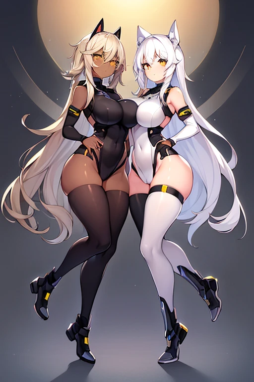 2girls, dark-skinned female, dark skin, white hair, long hair, large breasts, breasts, wide hips, yellow eyes, smile, smirk, smug, bodysuit, black bodysuit, white trim, sleeveless, black pantyhose, pantyhose, futuristic, tech, science-fiction, full body, ((full body)),