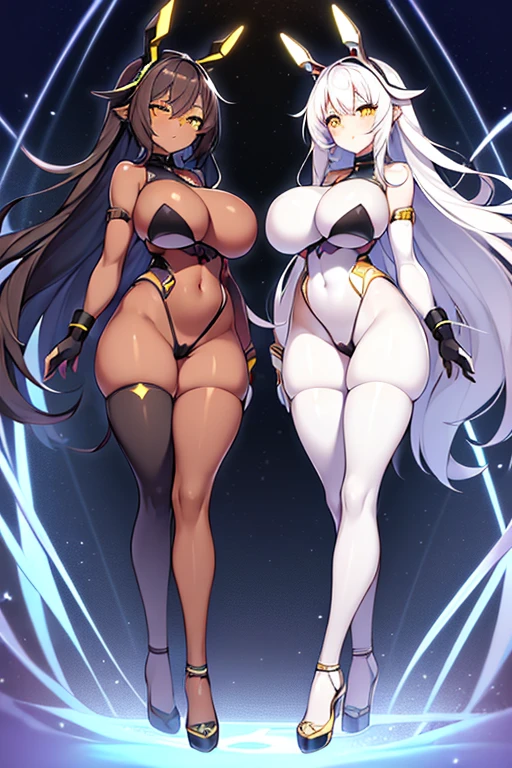 2girls, dark-skinned female, dark skin, white hair, long hair, large breasts, breasts, wide hips, yellow eyes, smile, smirk, smug, bodysuit, black bodysuit, white trim, sleeveless, black pantyhose, pantyhose, futuristic, tech, science-fiction, full body, ((full body)),