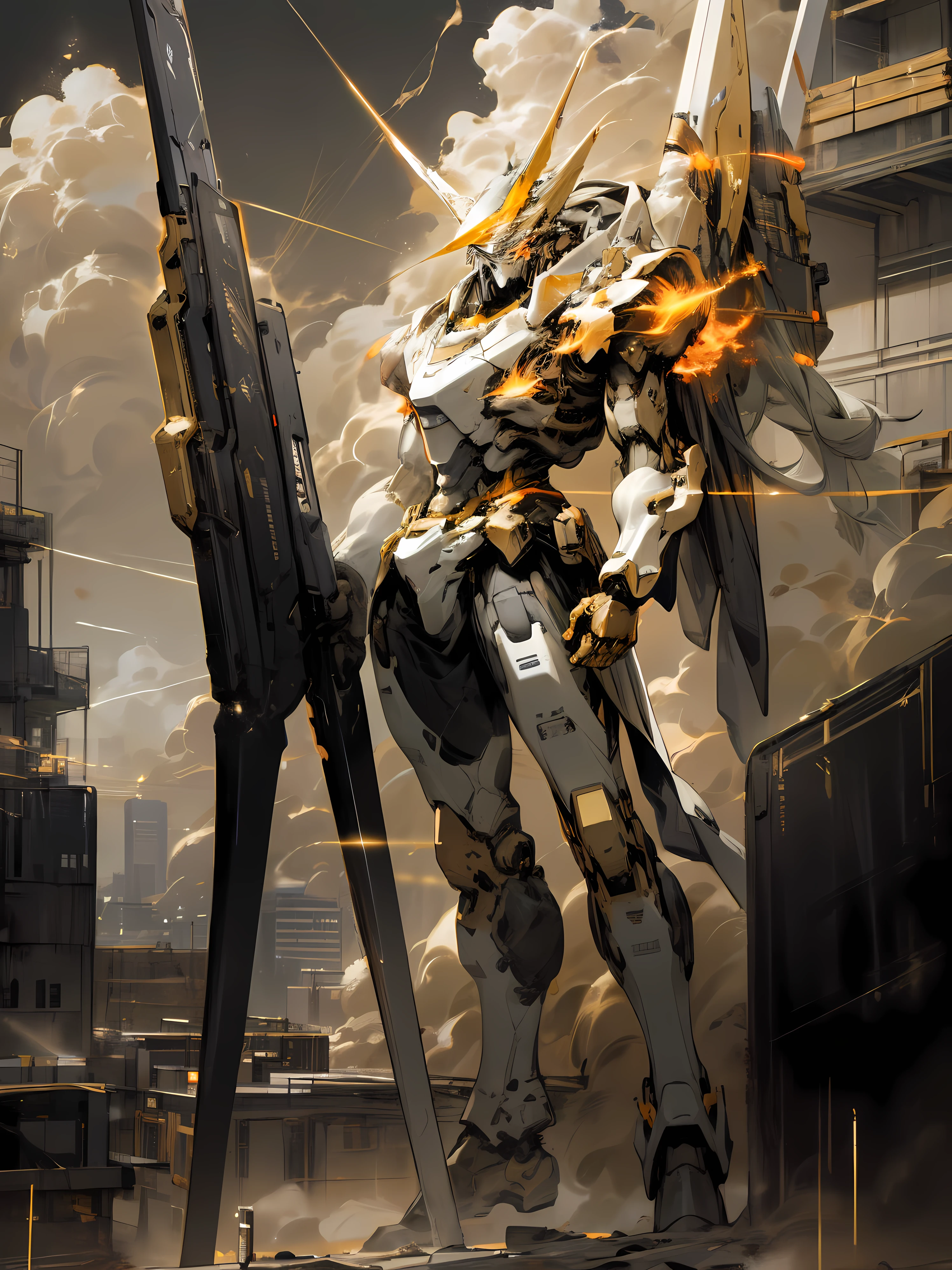 Skysky, clouds, ngel_arma, The No_Humanity, glowing, droid, buliding, glowing_The eye, mechs, scientific fiction, 城市.actual,mechs,clean background trending, Gold and black tones, Golden ratio composition,Full body photo,Crystal material, fiery red color, Red-black tones,Gold and black tones, ,Gold and black tones.