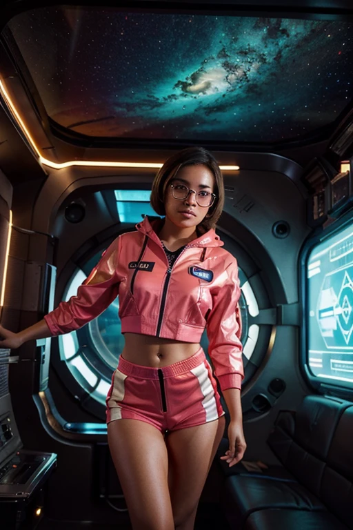 masterpiece cute young female latina 22 years old with nerd glasses in 70's style sci-fi outfit inside a spaceship, short brown hair, vibrant colors, luminous background, indoor, hyper details, cinematic lighting, photo realistic, full body, perfect skin masterpiece best quality